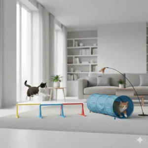 A tuxedo cat jumping over colourful indoor agility hurdles next to a blue fabric cat tunnel in a spacious lounge.