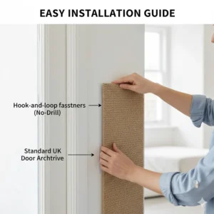 A diagram showing how to install a cat scratcher onto a standard UK door architrave using no-drill hook-and-loop fasteners.