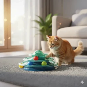 An orange tabby cat batting at colourful balls inside a multi-tier interactive plastic circuit toy on a grey rug.