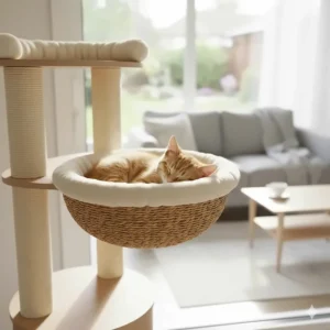 A fluffy kitten sleeping soundly in a soft, padded wicker-style basket attached to a multi-tier climbing frame.