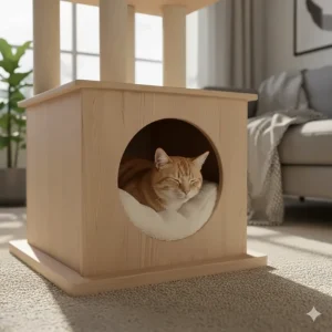 A senior ginger cat sleeping peacefully inside a wide-access wooden cat condo lined with soft, cream-coloured fleece.