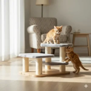 A low-level climbing frame for kittens featuring shallow steps and easy-to-reach platforms suitable for smaller breeds.