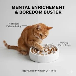 A cat engaging with a maze-style slow feeder bowl, providing mental enrichment and boredom busting.