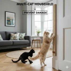 Two cats in a British living room using a heavy-duty door frame scratcher to prevent damage in a multi-pet household.