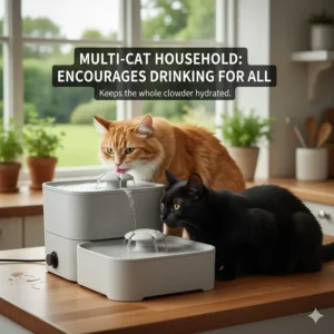 A ginger cat and a black cat sharing a tiered water fountain, demonstrating how the flowing water encourages drinking for the whole clowder.