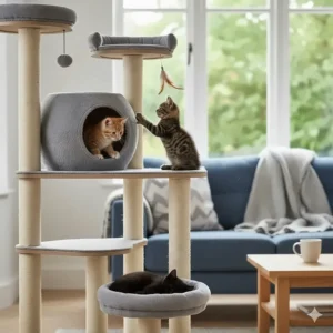 A group of kittens exploring various levels of a large cat tree, including a cosy sleeping nook and elevated perches.
