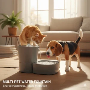 Two cats sharing a large capacity 3-litre cat water fountain in a living room.