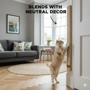 A stylish beige door frame cat scratcher that blends with neutral British interior design and grey-toned home decor.