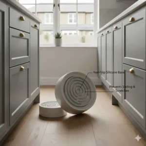 Detail of a silicone non-slip base on a slow feeder bowl to prevent sliding on wooden or tiled kitchen floors.
