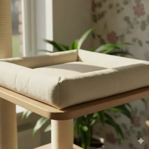 A high-detail shot of a plush, raised-edge memory foam cat bed on a wooden platform, designed for senior cat joint comfort.