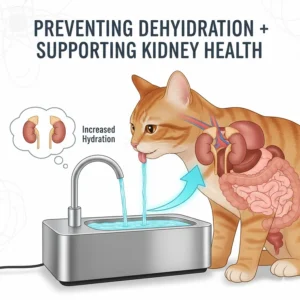 Photorealistic illustration showing how a cat water fountain encourages drinking to support kidney health and prevent dehydration.