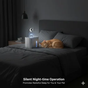 A silent pet fountain running at night in a dark room with a soft blue LED water level indicator.