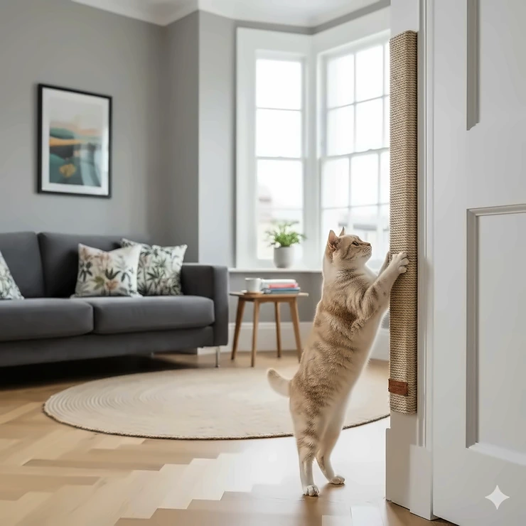 A ginger cat using a sisal door frame cat scratcher mounted on a white wooden architrave in a modern British living room. door frame cat scratcher