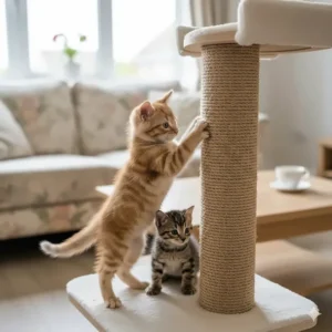 A ginger tabby kitten standing on its hind legs to use a natural sisal rope scratching post on a modern cat tree.