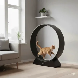 A sleek, black modern cat exercise wheel with a ginger cat running inside it, positioned next to a grey sofa.