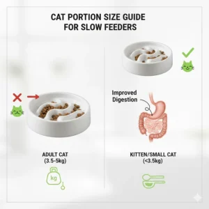 A diagram showing appropriate British cat food portion sizes within a slow feeder bowl for weight management.