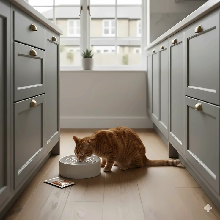 A ginger tabby cat eating from a white ceramic slow feeder bowl on a kitchen floor, designed to prevent gulping and bloating. slow feeder bowl for cats