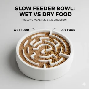 Comparison illustration of British wet food and biscuits served in a slow feeder bowl to prolong mealtime.