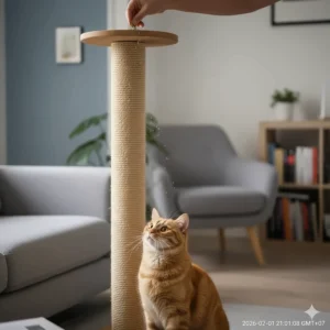 A person sprinkling dried catnip on a new scratcher to encourage the cat away from the furniture.