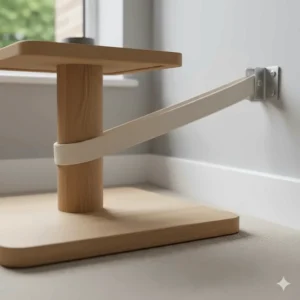A detailed view of a cream anti-topple safety strap securing a wooden cat tree to a neutral-coloured interior wall.