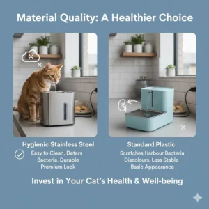 A comparison chart highlighting the hygienic benefits of stainless steel versus standard plastic pet bowls.