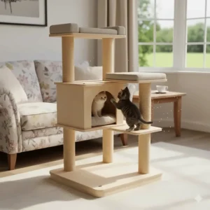 A sturdy wooden cat tree for kittens with a broad base and several levels to ensure stability during active play and climbing.