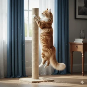 A tall, sturdy sisal rope scratching post suitable for large cats to protect household curtains and furniture.
