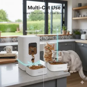 Alt text for image 6: A ginger cat and a grey tabby eating side-by-side from a dual-bowl automatic feeder in a bright kitchen.