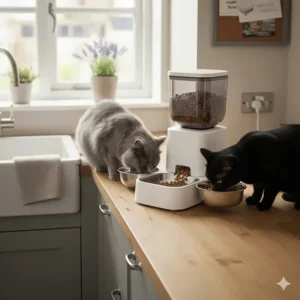A grey cat and a black cat eating from a dual-bowl automatic feeder with a two-way splitter in a modern kitchen.