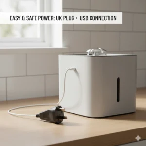 Close-up of a modern cat water fountain featuring a safe USB connection and a standard British 3-pin UK plug.