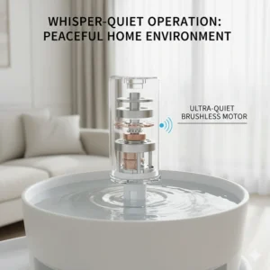 Technical illustration of an ultra-quiet brushless motor inside a cat water fountain, ideal for a peaceful British home environment.