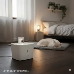 A silent ceramic cat water fountain running on a wooden floor, ideal for UK homes.