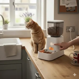 A person recording a short voice message on an automatic feeder to call their pet to dinner while they are away on holiday.