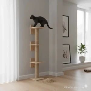 A modern wall-mounted cat scratching post installed at height to encourage stretching.