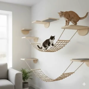 Two cats playing on a modern circuit of wall-mounted wooden cat shelves and rope bridges in a clean, white-walled home.