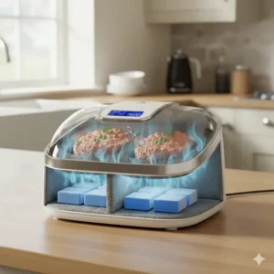 Cutaway illustration of a cat feeder showing blue ice packs in the base designed to keep wet food fresh and chilled for hours.