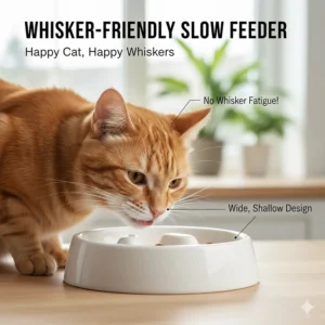 Illustration of a wide, shallow slow feeder bowl for cats designed to prevent whisker fatigue during eating.