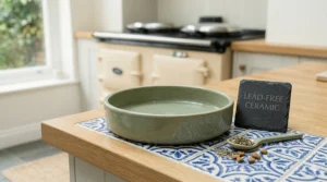 Graphic explaining how non-porous ceramic material helps prevent feline acne compared to plastic alternatives.