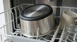 The underside of a stainless steel cat bowl showing the black anti-slip rubber ring to prevent sliding on kitchen floors.