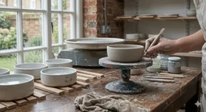 A photorealistic scene of a potters studio in the UK, showing a handmade ceramic cat bowl being finished on a wooden workbench.
