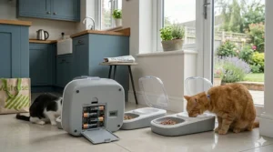 Detailed shot of the microchip feeder’s power compartment and LCD battery life indicator, ensuring reliable operation for UK pet owners.