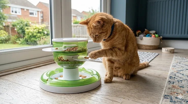 A ginger tabby cat using a multi-level puzzle feeder on a wooden floor in a British home. cat puzzle feeder