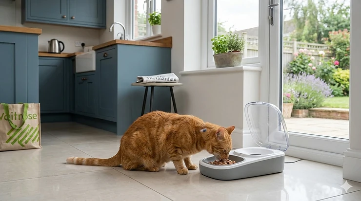 A ginger tabby cat eating from an automated microchip cat feeder in a modern British kitchen with shaker-style cabinets, showing the lid opening as the cat approaches. microchip cat feeder