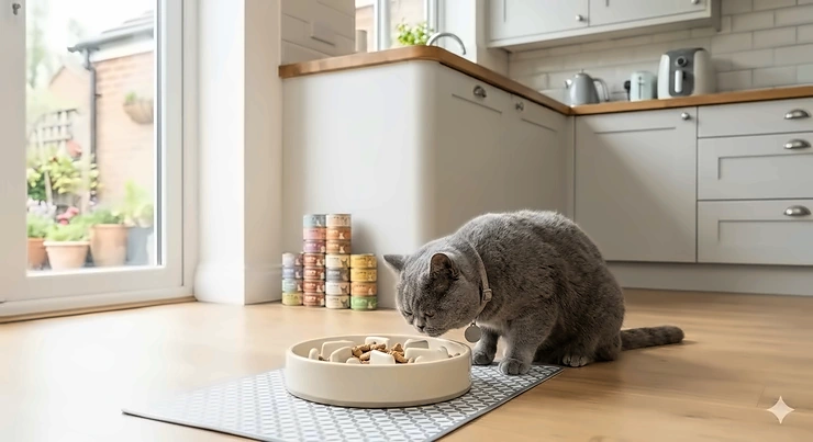 Illustration showing a wide, shallow bowl design that prevents whisker fatigue for flat-faced cats by allowing easy access to biscuits. slow feeder bowl for flat faced cats