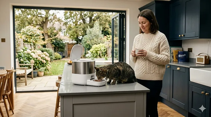 A sleek white and stainless steel microchip cat feeder on a modern kitchen island, with a tabby cat eating and a British woman holding a mug in a bright, airy kitchen. value microchip cat feeder