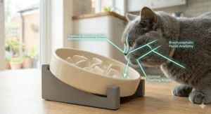 A close-up illustration of the maze-style bowl layout showing how the obstacles slow down eating to help prevent cats from being sick after meals.