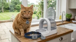 Close-up of an orange cat wearing a collar with a grey RFID tag, used as an alternative for cats that are not microchipped.