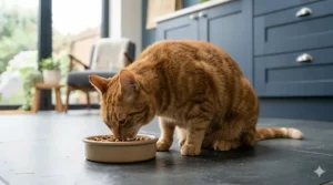 Anatomical diagram showing how elevated cat bowls create a straighter digestive path from the mouth to the stomach to reduce vomiting.