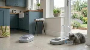 A grey cat resting near the feeder, with a digital overlay showing the four-stage training mode used to acclimatise timid pets to the moving lid.