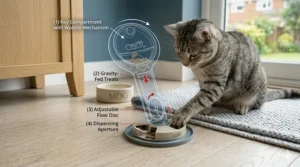 Close-up technical drawing of a wobbling treat dispenser showing the internal compartments.